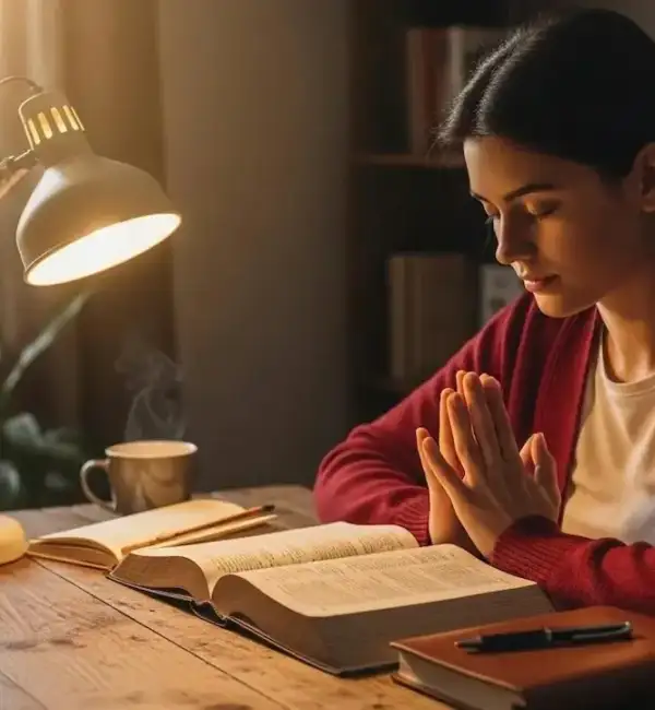 Christian reading the Bible and praying during a daily devotional, strengthening faith, spiritual growth, and relationship with God.