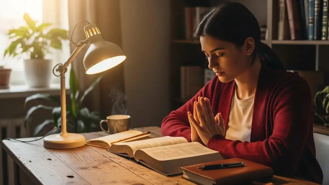 Christian reading the Bible and praying during a daily devotional, strengthening faith, spiritual growth, and relationship with God.